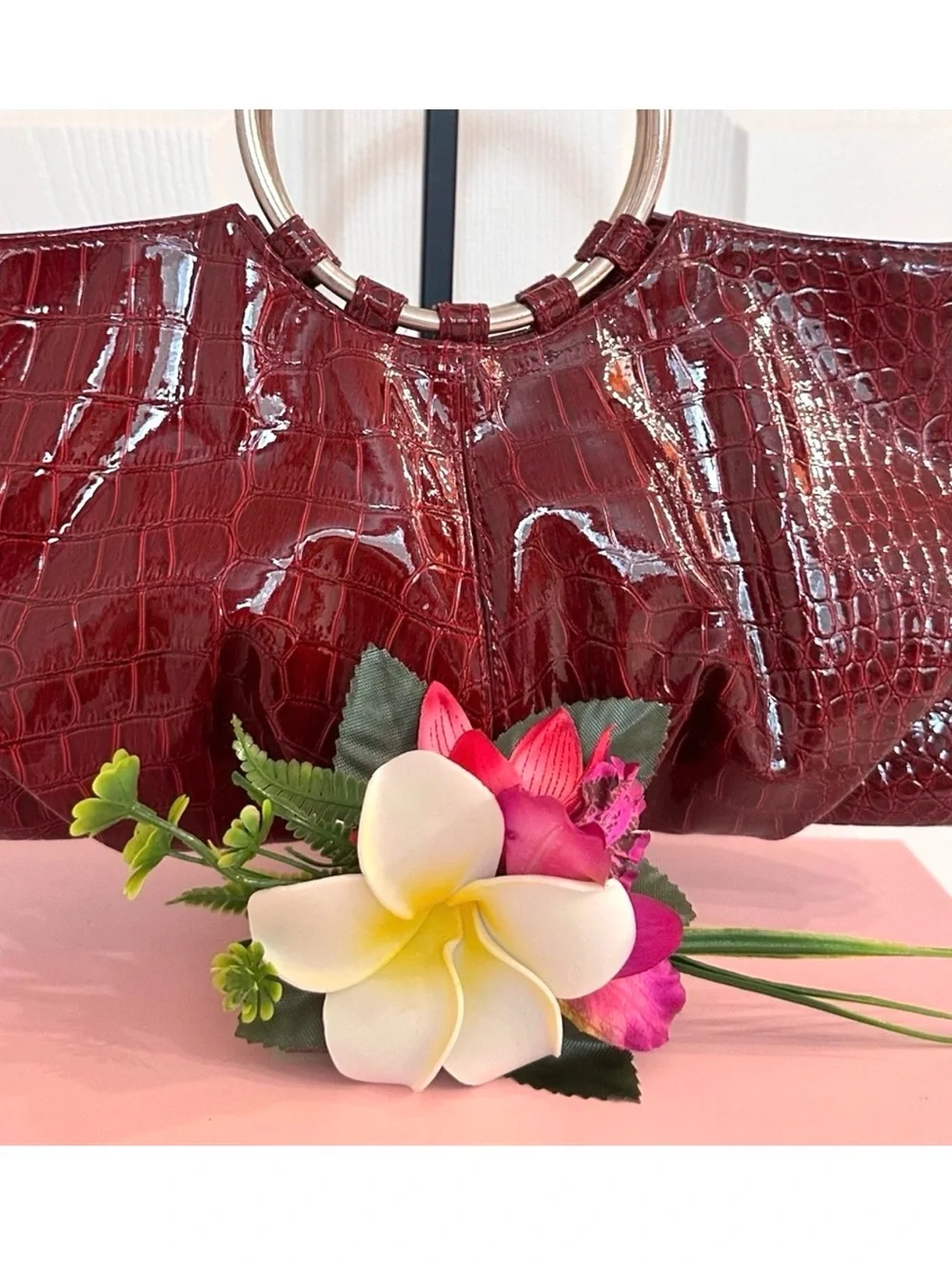 CHATEAU ~ Wine-Colored Croc Embossed Bag Silver Circular Handle Date Night